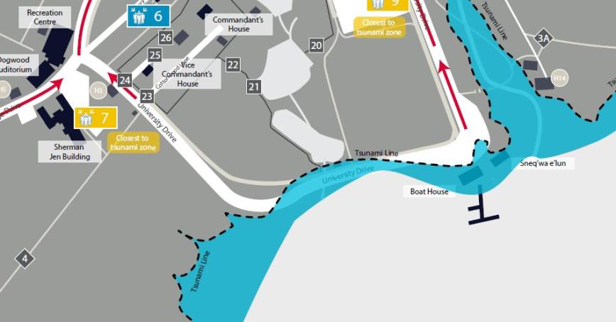 Tsunami map showing assembly areas at Royal Roads University