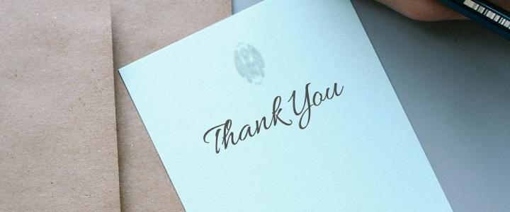 Printed thank you note on card