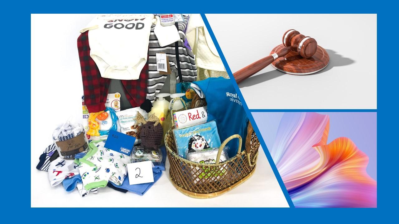 Decorative: basket, art and a gavel