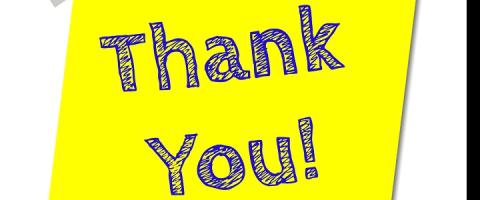 Digital illustration of words "thank you" in blue on yellow