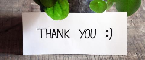 Thank you note leaning up against plant