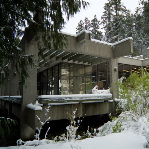 Library building from the outside in winter; lights out inside