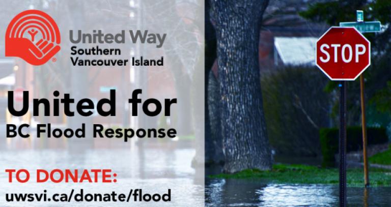 United Way poster saying "United for BC Flood Response.  To donate: uwsvi.ca/donate/flood"