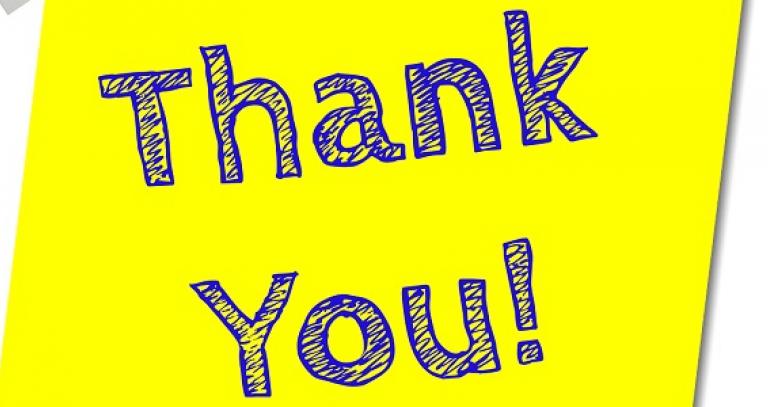Digital illustration of words "thank you" in blue on yellow