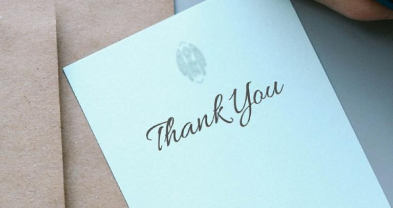 Printed thank you note on card