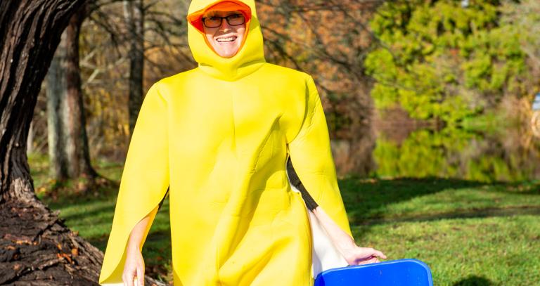 decorative: person wearing a duck suit