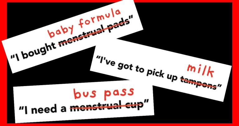 Decorative: images shows text representing decisions people make to buy food over menstrual products